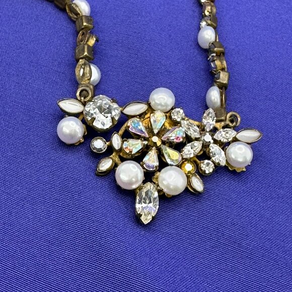 Sorrelli Signed Antique Gold-Tone Crystal & Faux Pearl Necklace - Picture 9 of 16